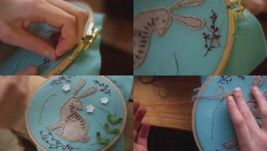 兔年兔子手工刺绣工艺品高清在线视频素材下载
