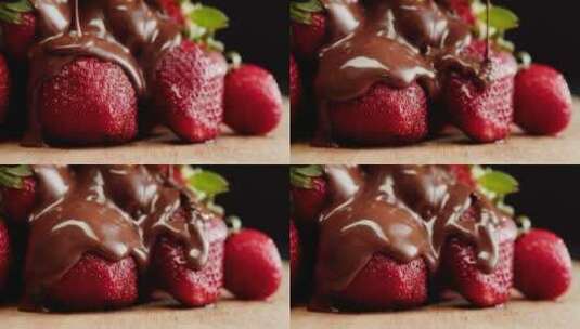 巧克力果酱倒在草莓上的画面特写高清在线视频素材下载