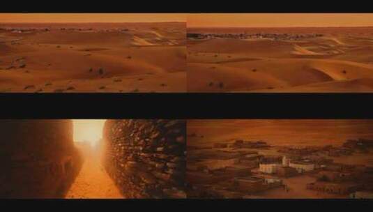 FPV穿越机无人机航拍沙漠中的小镇日落黄昏高清在线视频素材下载