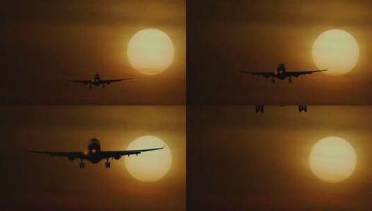 夕阳背景下飞机降落、飞机着陆高清在线视频素材下载