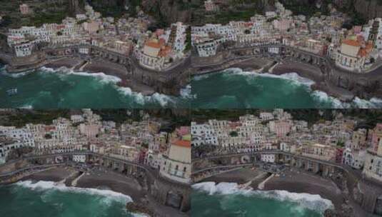 阿马尔菲海岸风景如画的意大利村庄阿特拉尼，空中无人机视图高清在线视频素材下载