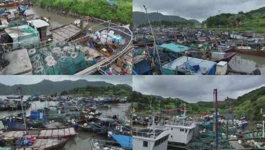 台风天躲避在渔港的渔船高清在线视频素材下载
