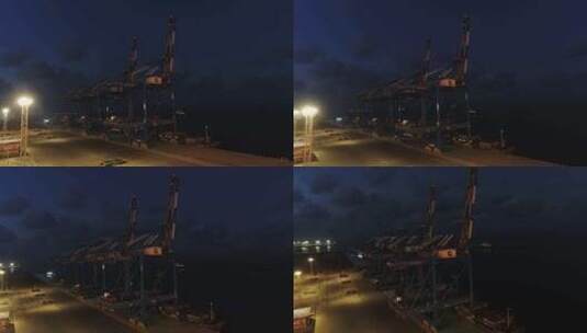 北部湾港钦州港区集装箱码头夜景航拍高清在线视频素材下载