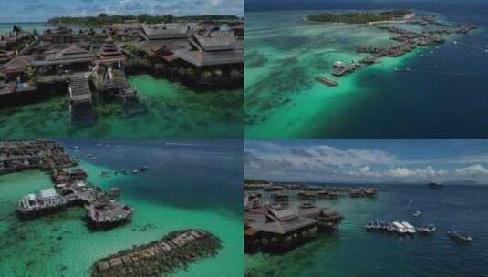 马来西亚仙本那卡布岛水上度假村水屋4k航拍高清在线视频素材下载