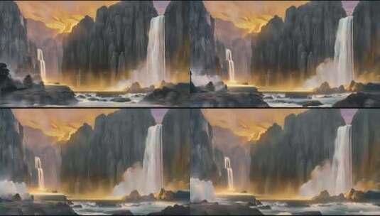 高山流水瀑布的中国风山水动画高清在线视频素材下载