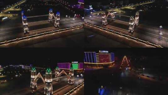 新疆阿勒泰布尔津桥冬季夜景航拍高清在线视频素材下载