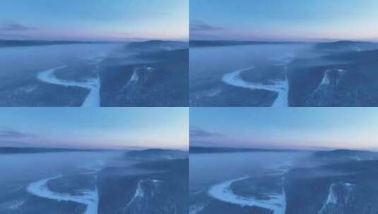 航拍寒冬林海雪原冻雾冰河高清在线视频素材下载