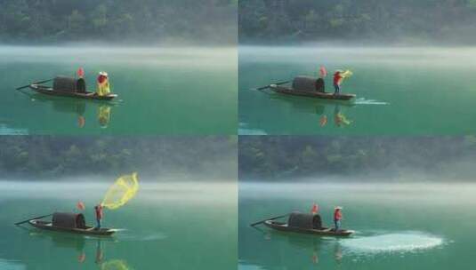 慢镜头升格湖南郴州旅游晨雾东江湖撒网渔民高清在线视频素材下载