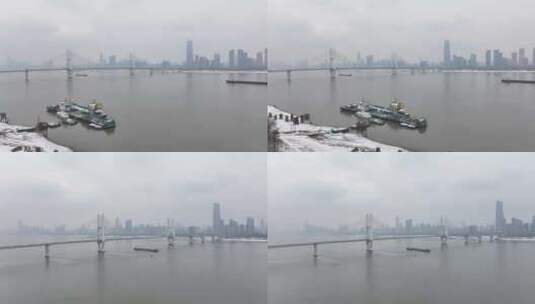 2024武汉长江二桥雪景航拍高清在线视频素材下载