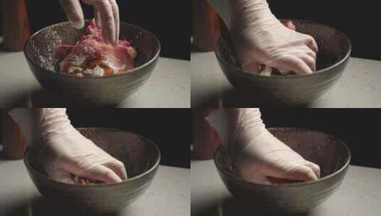 腌制碗中的肉抓拌均匀高清在线视频素材下载