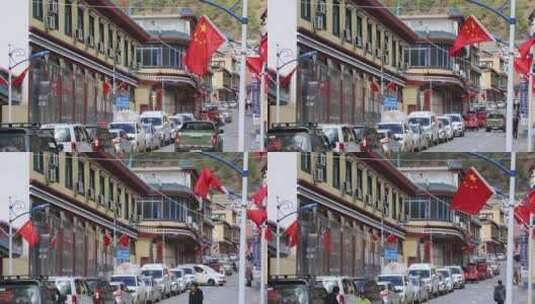 红旗飘飘的街道高清在线视频素材下载