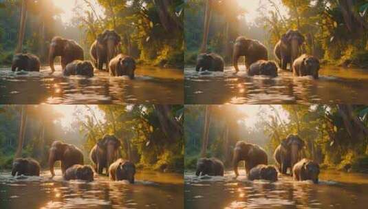 大象一家在河里洗澡高清在线视频素材下载