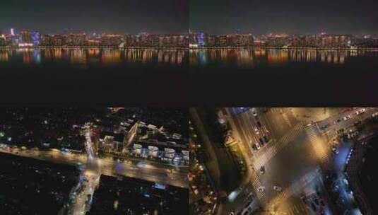 浙江杭州钱塘江上城区夜晚夜景航拍车流交通高清在线视频素材下载