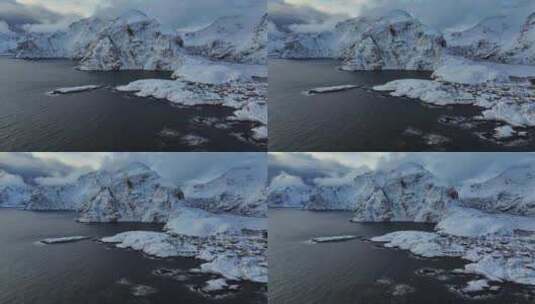 挪威罗弗敦群岛北极圈雷纳冬季雪景高空航拍高清在线视频素材下载