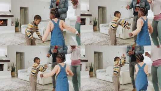 跳舞，快乐，孩子和父母在一个自由的房子里高清在线视频素材下载