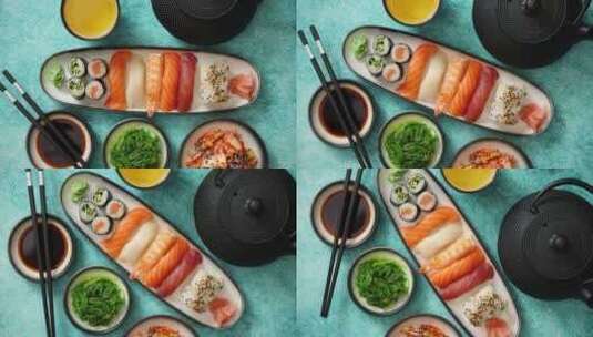 陶板上的各种寿司卷高清在线视频素材下载