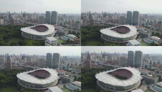 上海虹口区虹口足球场鲁迅公园全景4K航拍高清在线视频素材下载