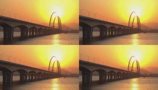 夕阳下钱塘江上之江大桥高清在线视频素材下载