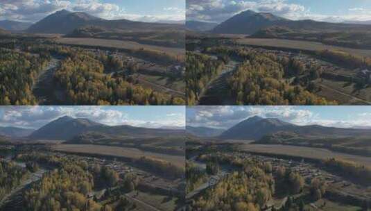 新疆阿勒泰禾木乡秋天村庄自然风光高清在线视频素材下载