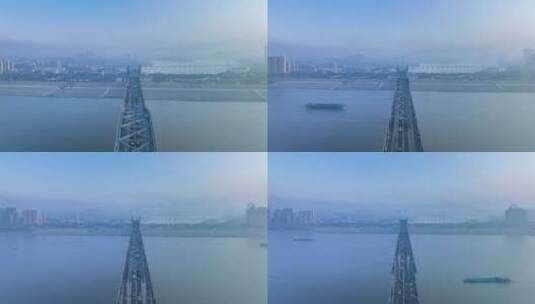 九江长江大桥上方航拍延时摄影视频高清在线视频素材下载