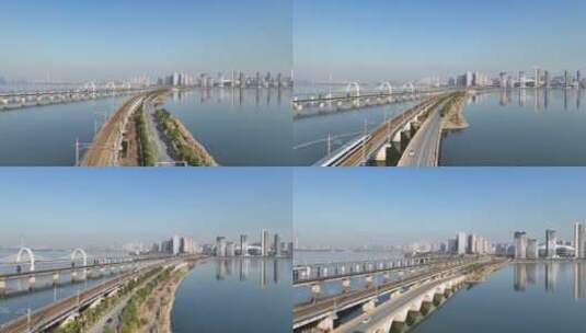 航拍火车由八里湖进出九江市高清在线视频素材下载