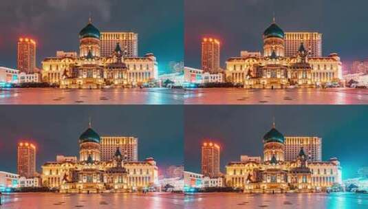 中国哈尔滨圣索菲亚教堂广场夜景延时风光高清在线视频素材下载