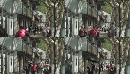 绿荫阳光下老街道上的行人高清在线视频素材下载
