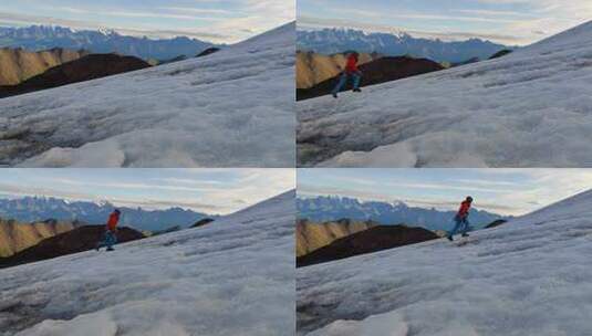 攀登沙鲁里山脉尼登贡嘎雪山冰川上的登山者高清在线视频素材下载