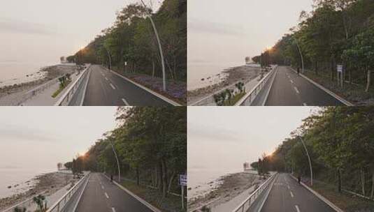 日出时分海边公路航拍高清在线视频素材下载