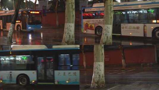 4K暴雨天气城市穿梭的公交车街景意境实拍高清在线视频素材下载