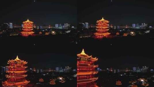 武汉黄鹤楼夜景航拍黄鹤楼风景夜晚建筑风光高清在线视频素材下载