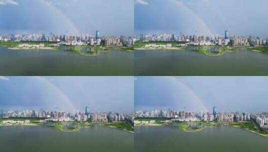 海南海口雨过天晴，航拍城市上空双彩虹高清在线视频素材下载