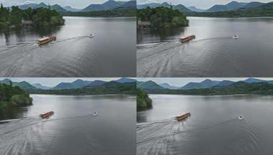 无人驾驶飞机航拍凯西克德温特沃特的一艘河船，这是一个平静的湖泊，有河船和一个圣高清在线视频素材下载