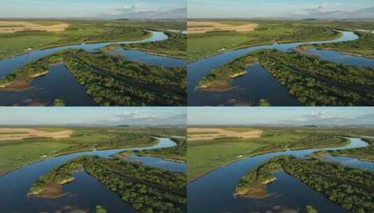 航拍垦区海拉尔河湿地自然风景高清在线视频素材下载