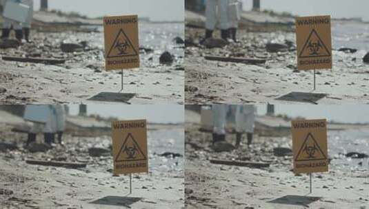 河边生化污染警示牌高清在线视频素材下载