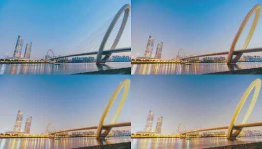 南京眼步行桥与青奥中心双塔日转夜延时摄影高清在线视频素材下载