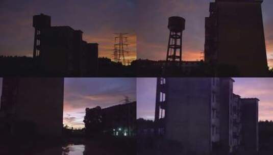 夕阳艳红废弃楼房5个镜头4K高清在线视频素材下载