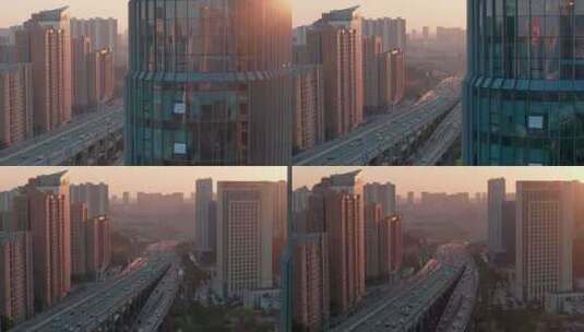 湖南长沙湘府路高架交通车流航拍视频高清在线视频素材下载