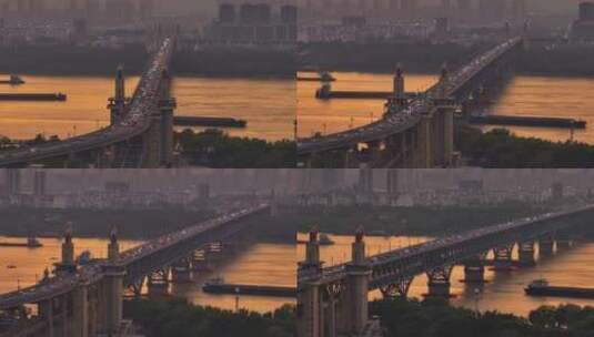 航拍南京长江大桥日落晚霞车流高清在线视频素材下载
