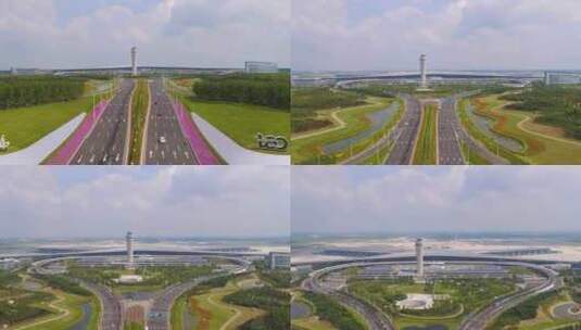 青岛胶东机场正门塔台机场路机场高速航拍高清在线视频素材下载