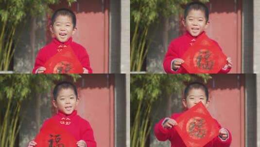 中国人母子家门口拜年新年快乐高清在线视频素材下载