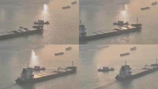 航拍上海清晨  黄浦江船只高清在线视频素材下载