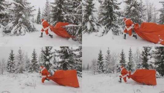 有趣的圣诞老人带着一袋礼物匆忙跑在冬季森高清在线视频素材下载