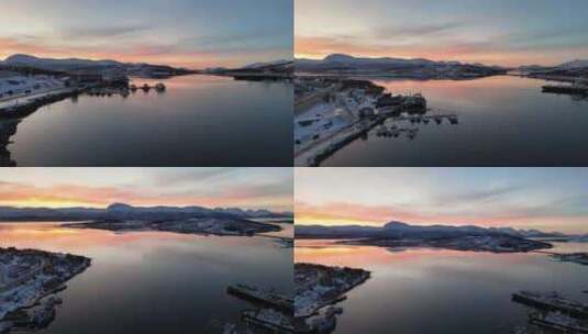 4K航拍北欧挪威特罗姆瑟晚霞美景高清在线视频素材下载