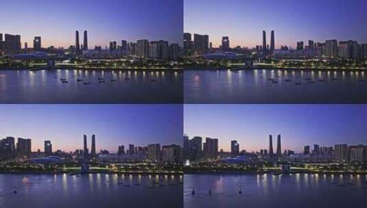 2024杭州奥体博览城日出航拍高清在线视频素材下载