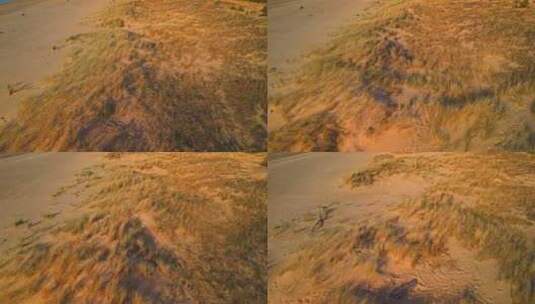 鸟瞰日落时的沙质海岸沙丘，阴影植被和微风高清在线视频素材下载