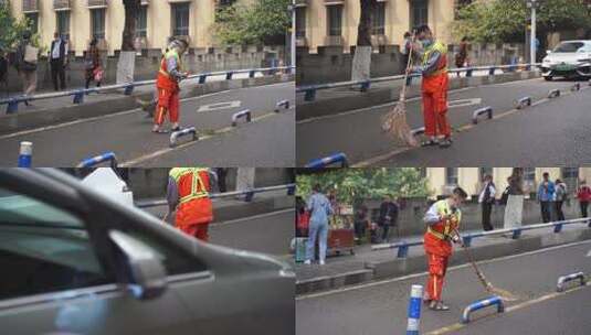 重庆街头环卫工人打扫公路清洁工扫地马路高清在线视频素材下载