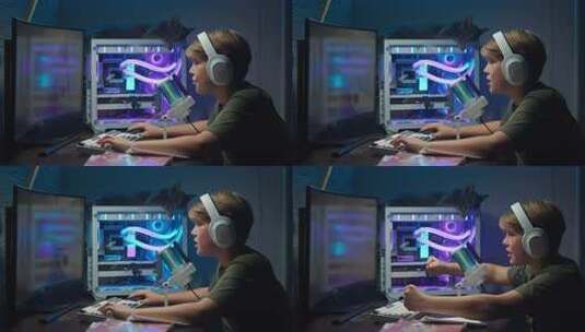 一个小男孩很高兴在在线游戏中与队友一起赢高清在线视频素材下载