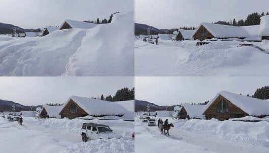 航拍新疆禾木雪景森林雪地小木屋禾木桥雪山高清在线视频素材下载