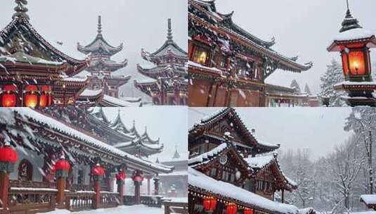 中式古建筑雪景红笼美如画高清在线视频素材下载